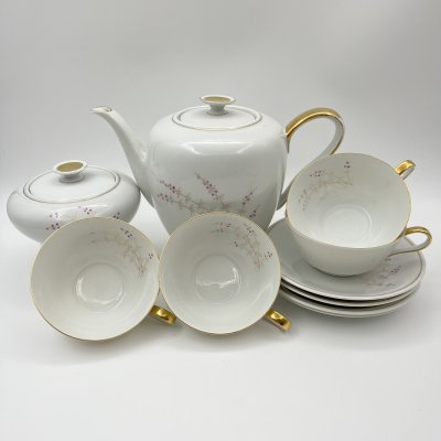 купить Сервиз чайный с растительным декором на 4 персоны (чайник, сахарница, 4 чайные пары), фарфор, роспись, золочение, Volkstedt Beyer & Bock, ГДР, 1960-1980 гг.