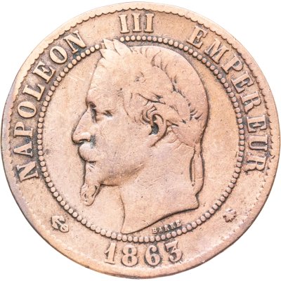 купить Франция 10 сантимов (centimes) 1863 A знак монетного двора: "A" - Париж