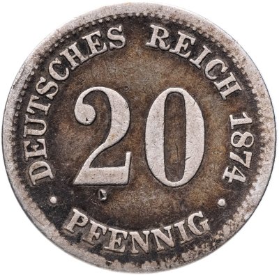 купить Германия 20 пфеннигов (pfennig) 1874, знак монетного двора: "F" - Штутгарт