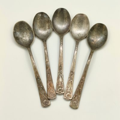 купить Набор из 5-ти столовых ложек с растительным декором, мНЦ (медь-никель-цинк), Комбинат бытовых металлических изделий (БМИ), г. Эчмиадзин, СССР, 1971-1981 гг.