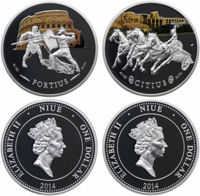 купить Остров Ниуэ, набор из 2 монет 1 доллар 2014 Proof "Колизей - бой гладиаторов и колесница" в футляре с сертификатом