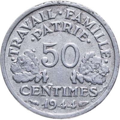 купить Франция 50 сантимов (centimes) 1944 C ÉTAT FRANÇAIS знак монетного двора: "C" - Кастельсарразен