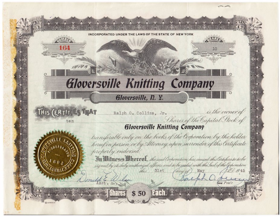 купить Акция США Gloversville Knitting Company 1945-1949 гг.