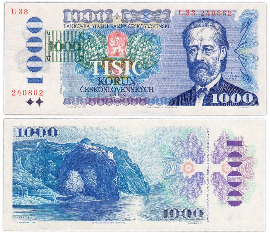 купить Чехословакия/ Чехия  1000 крон 1993 (Pick 3b) Серия U (Надпечатка на банкноте 1985)