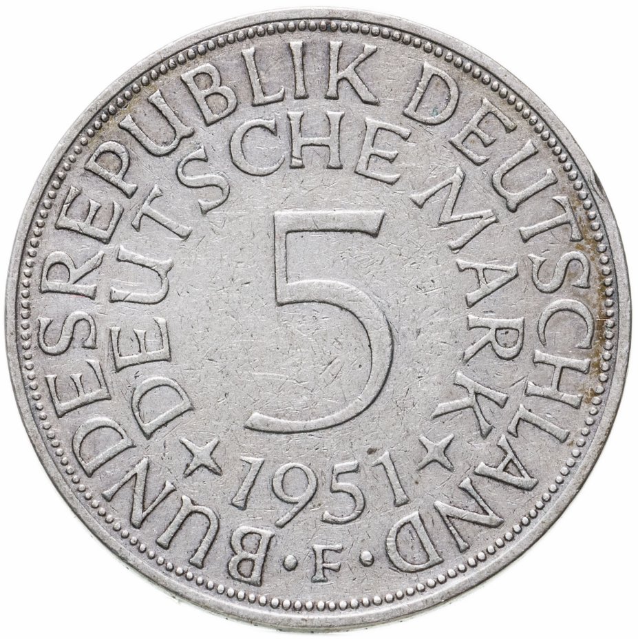 купить Германия 5 марок (deutsche mark) 1951 F  знак монетного двора: "F" - Штутгарт