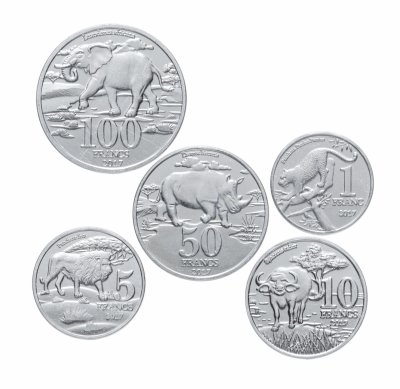 купить Катанга, набор 5 монетовидных жетонов - 1, 5, 10, 50, 100 франков 2017 года Фауна Африки