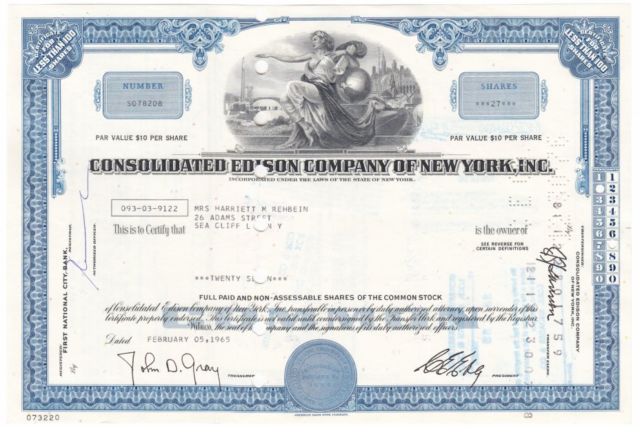 купить Акция США - Consalidated Edison Company Of New York, Inc. 1965 г.