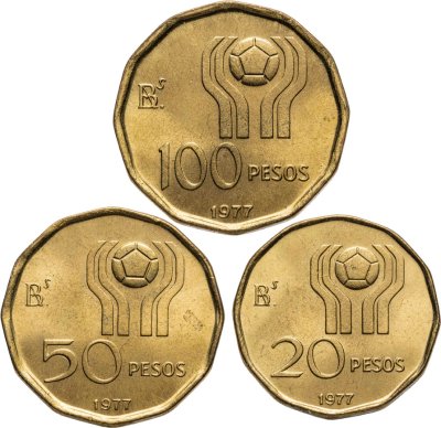 купить Аргентина, подборка из 3 монет 20, 50 и 100 песо 1977 Чемпионат мира по футболу Аргентина-1978