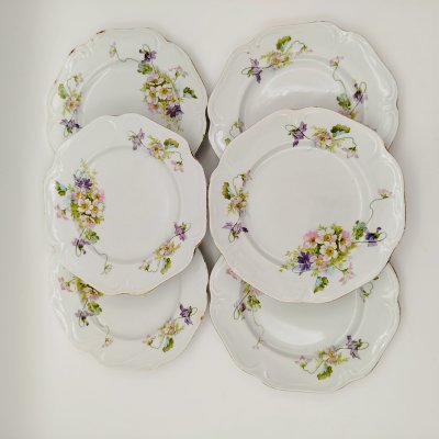 купить Набор из шести пирожковых тарелок с цветочным декором, фаянс, деколь, золочение, Товарищество М.С. Кузнецова, Российская империя, 1889-1917 гг.