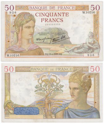 купить Франция 50 франков 1937-1940 (Церера, Меркурий) Pick 85