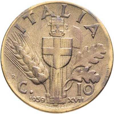купить Италия 10 чентезимо (centesimi) 1939 Алюминиевая бронза /жёлтый цвет/