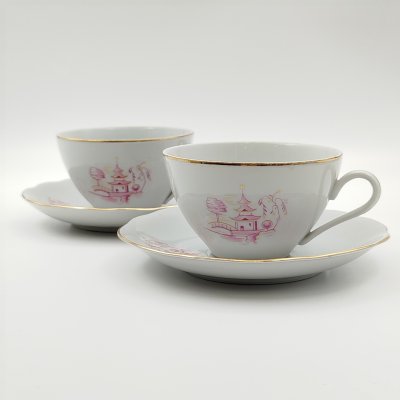 купить Набор из двух чайных пар в стиле шинуазри с декором в виде пагоды, фарфор, деколь, золочение, Könitz Porzellan, ГДР, 1954-1962 гг.