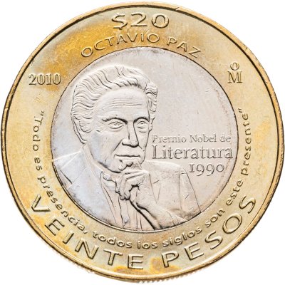 купить Мексика 20 песо (pesos) 2010 20 лет присуждения Нобелевской премии по литературе Октавио Пасу