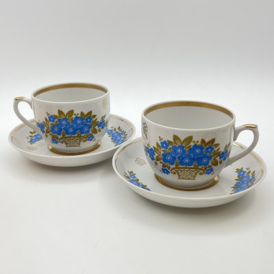 купить Набор чайных пар с цветочным декором, на 2 персоны, фарфор, деколь, золочение, Дмитровский фарфоровый завод (ДФЗ Вербилки), СССР, 1965-1990 гг.