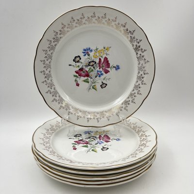 купить Набор тарелок на 6 персон с цветочным декором, фаянс, деколь, золочение, Sarreguemines, Франция, 1920-1950 гг.