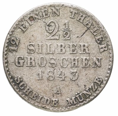 купить Германия, Пруссия 2 1/2 гроша (groschen) 1843 Знак монетного двора: "A" - Берлин