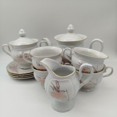 купить Сервиз чайный с цветочным декором на 4 персон (11 предметов), фарфор, деколь, рельеф, золочение, Коростенский фарфоровый завод (КФЗ), Восточная Европа, 1990-2000 гг.