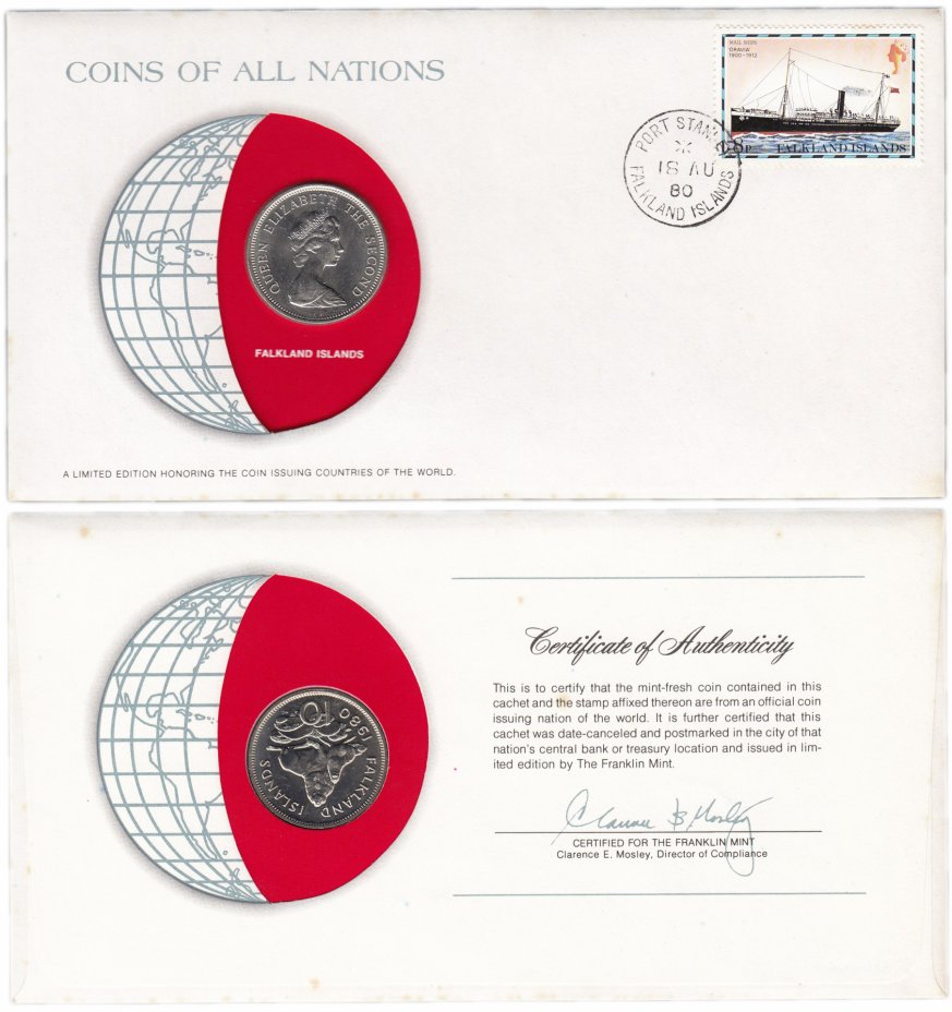 купить Серия «Монеты всех стран мира» - Фолклендские острова 10 пенсов (pence) 1980 (монета и 1 марка в конверте)
