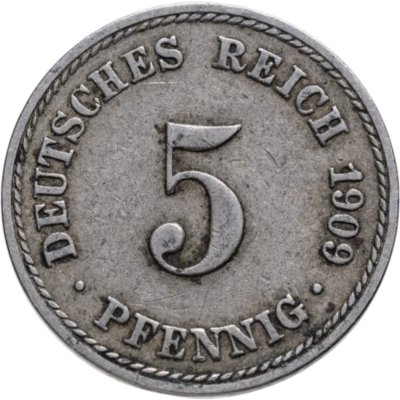 купить Германия 5 пфеннигов (pfennig) 1909, знак монетного двора: "A" - Берлин