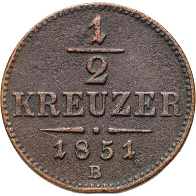 купить Австрия 1/2 крейцера (kreuzer) 1851, знак монетного двора "B" - Кремница