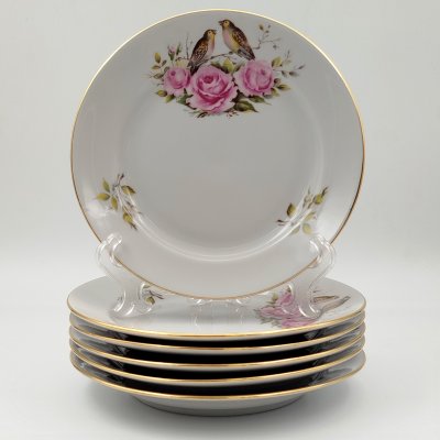 купить Набор десертных тарелок на 6 персон, украшенных цветами и птицами, фарфор, деколь, золочение, Дулевский фарфоровый завод (Дулёво), Российская Федерация, 2000 г.