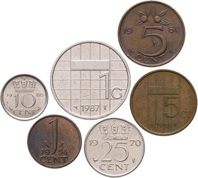 купить Нидерланды набор из 6 монет 1, 5, 10, 25 центов и 1 гульден 1954-1988