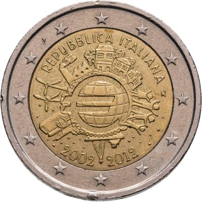 купить Италия 2 евро (euro) 2012 R "10 лет наличному обращению евро"
