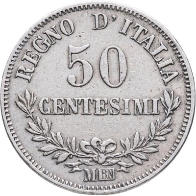 купить Италия 50 чентезимо (centesimi) 1863 M Номинал на реверсе знак монетного двора: "M" - Милан