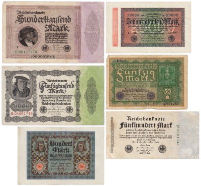 купить Набор Германия 50, 100, 500, 20000, 50000 и 100000 марок 1919-1923 (6 бон)