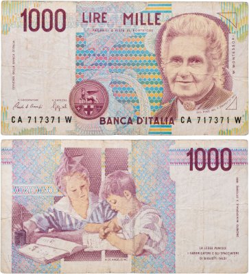 купить Италия 1000 Лир 1990 "Мария Монтессори. Школа Монтессори"(Pick 114с)