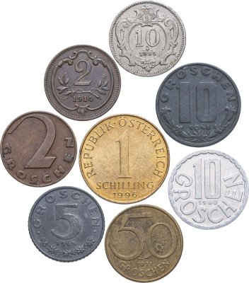 купить Австрия набор из 8 монет от 2, 5, 10, 50 грошей и 1 шиллинг 1908-1996
