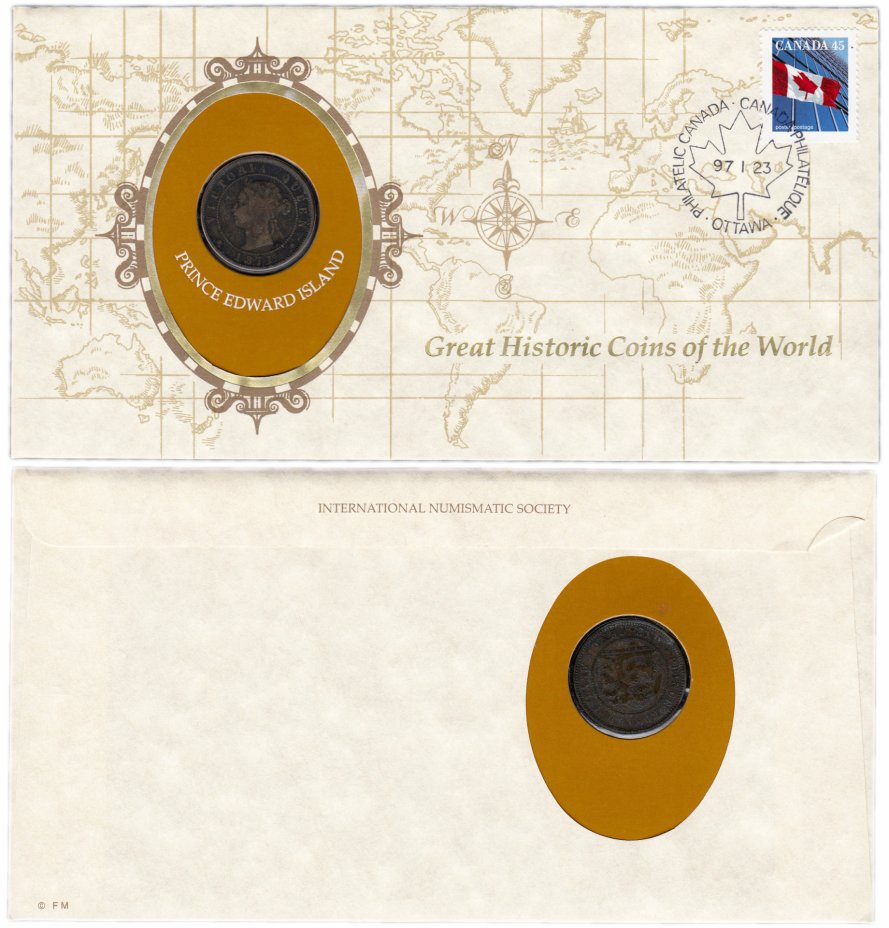 купить Серия «Великие исторические монеты мира» - Остров Принца Эдуарда (Провинция Канады) 1 цент 1871 (монета и 1 марка в конверте)