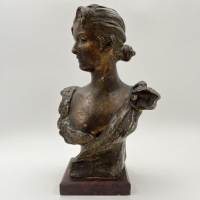 купить Бюст "Юная красавица", по модели скульптора Georges Van Der Straeten, шпиатр, формовка, бронзирование, мрамор, Франция, 1900-1930 гг.
