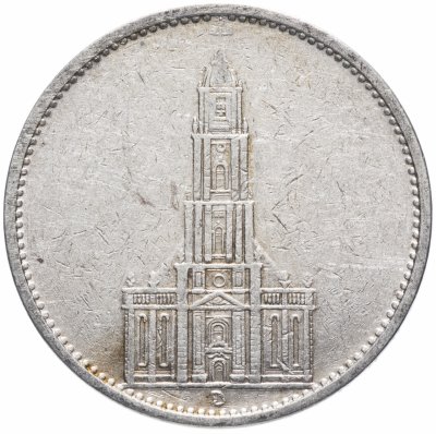 Купить Германия (Третий рейх)  5 рейхсмарок (reichsmark) 1934 D "Гарнизонная церковь в Потсдаме", без даты на реверсе