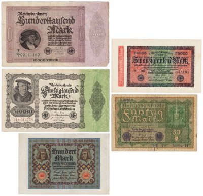 купить Набор Германия 50, 100, 20000, 50000 и 100000 марок 1919-1923 (5 бон)