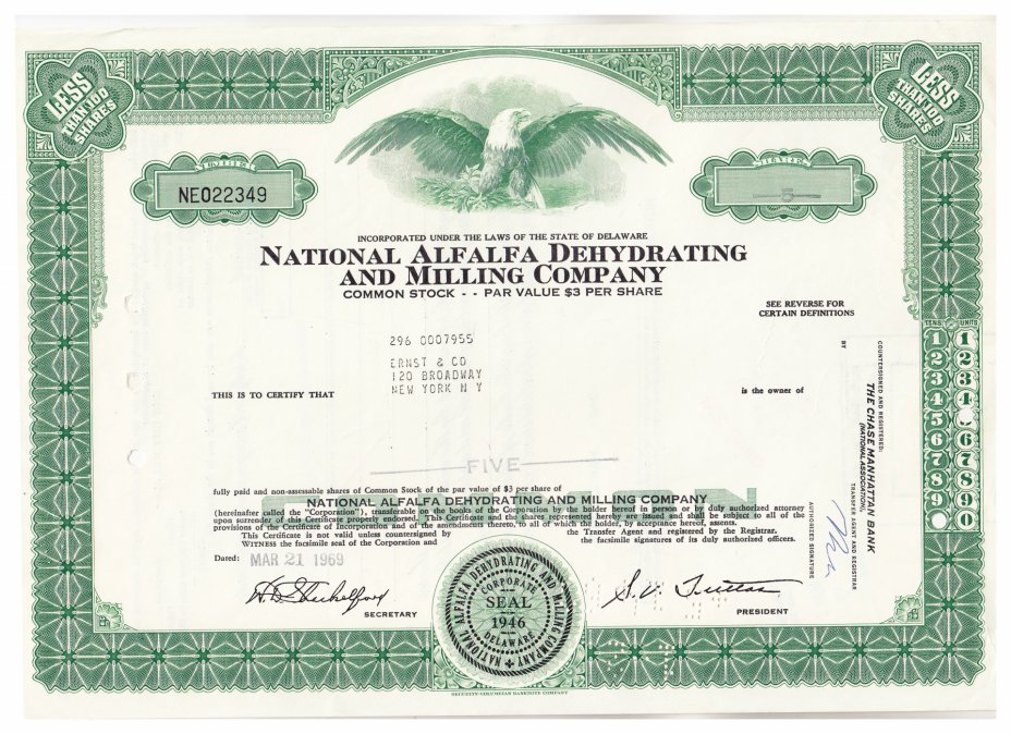 купить Акция США National Alfalfa Dehydrating and Milling Company, 1968-1969 гг.