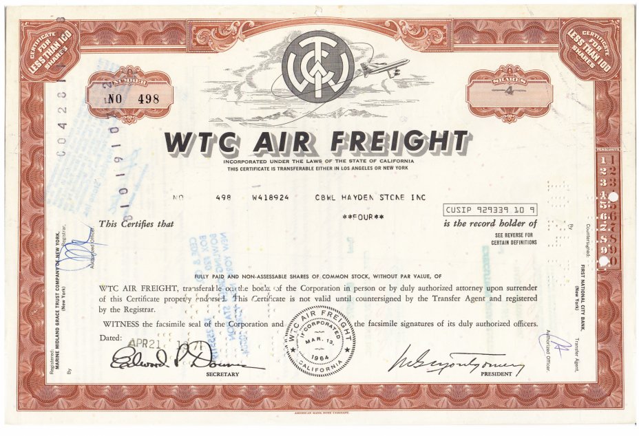купить Акция США WTC AIR FREIGHT  1970- 1972 гг.