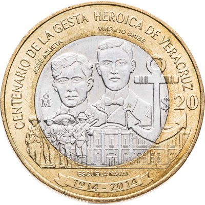 купить Мексика 20 песо (pesos) 2014 100 лет героической обороне Веракруса