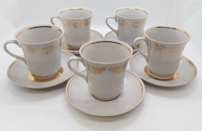 купить Набор из пяти кофейных пар с цветочным декором, фарфор, золочение, Полонский фарфоровый завод, СССР, 1980-1991 гг.