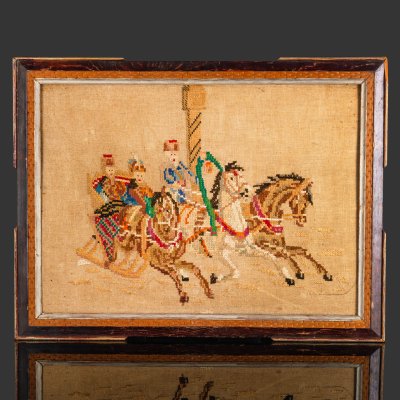 купить Вышивка "Тройка" в раме, ткань, вышивка, дерево, Россия, 1900-1920 гг.