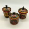 Купить Набор из 3-х солонок и 3-х стаканов (баночек для хранения), украшенных ягодным декором,  Фабрика «Хохломский художник», дерево, роспись, лак, Хохломская роспись, СССР, 1970-1990 гг.