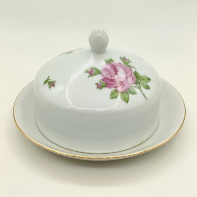 купить Масленка, украшенная изображением роз, фарфор, деколь, золочение, Colditz (Кольдиц), ГДР, 1970-1980 гг.