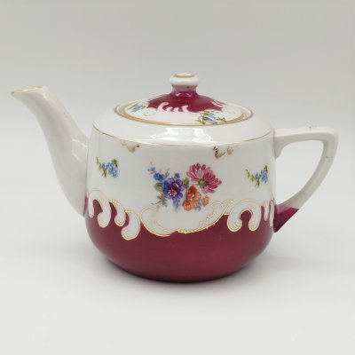 купить Чайник заварочный с цветочным декором, фарфор, деколь с дорисовкой, Дмитровский фарфоровый завод (ДФЗ Вербилки), СССР, 1917-1940 гг.