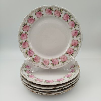 купить Набор из шести десертных тарелок с декором в виде роз, фарфор, деколь, золочение, Дулевский фарфоровый завод (Дулёво), СССР, 1925-1926 гг.