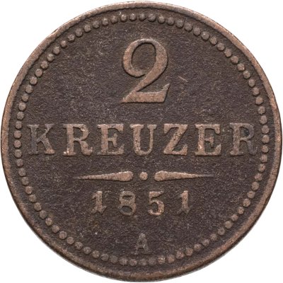 купить Австрия 2 крейцера (kreuzer) 1851, знак монетного двора "A" - Вена
