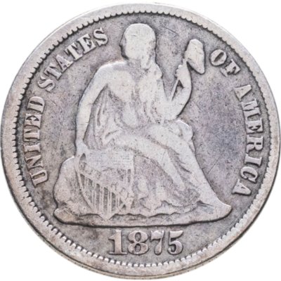 купить США 10 центов (дайм, one dime) 1875 "Seated Liberty Dime" Без отметки монетного двора