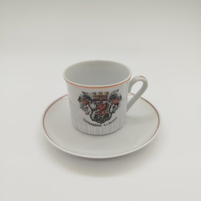 купить Кофейная пара сувенирная, украшенная гербом города Ostseebad Lubmin, фарфор, деколь с подрисовкой, обводка, ГДР, 1950-1970 гг.