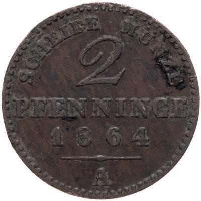 купить Пруссия 2 пфеннинга (pfenninge) 1864 A, отметка монетного двора: "A" - Берлин