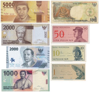 купить Индонезия набор из 8 банкнот 1, 10, 50 сен и 500, 1000, 2000, 5000 рупий 1964-2016