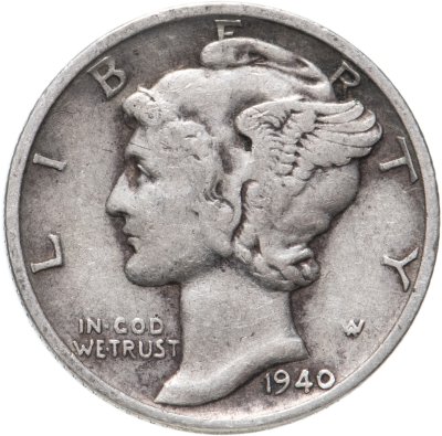 купить США 10 центов (дайм, one dime) 1940 Mercury Dime (дайм «Меркурий») знак монетного двора - D